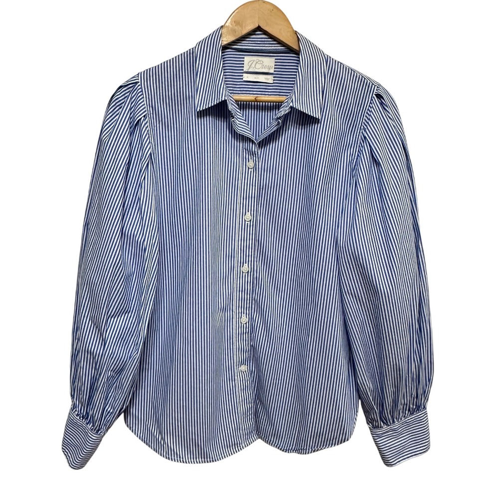 J.Crew Balloon Sleeve Button Down Shirt Womens 14 Blue Pinstripe Slim Fit Preppy